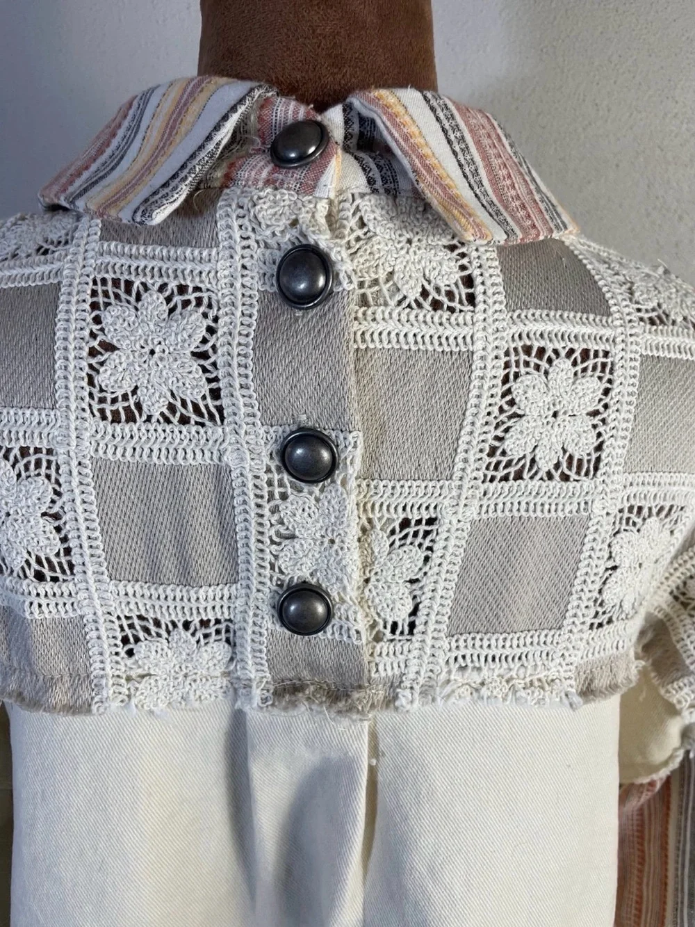 POL Patchwork Lace Trucker Jacket in Beige with Pastel Stripes